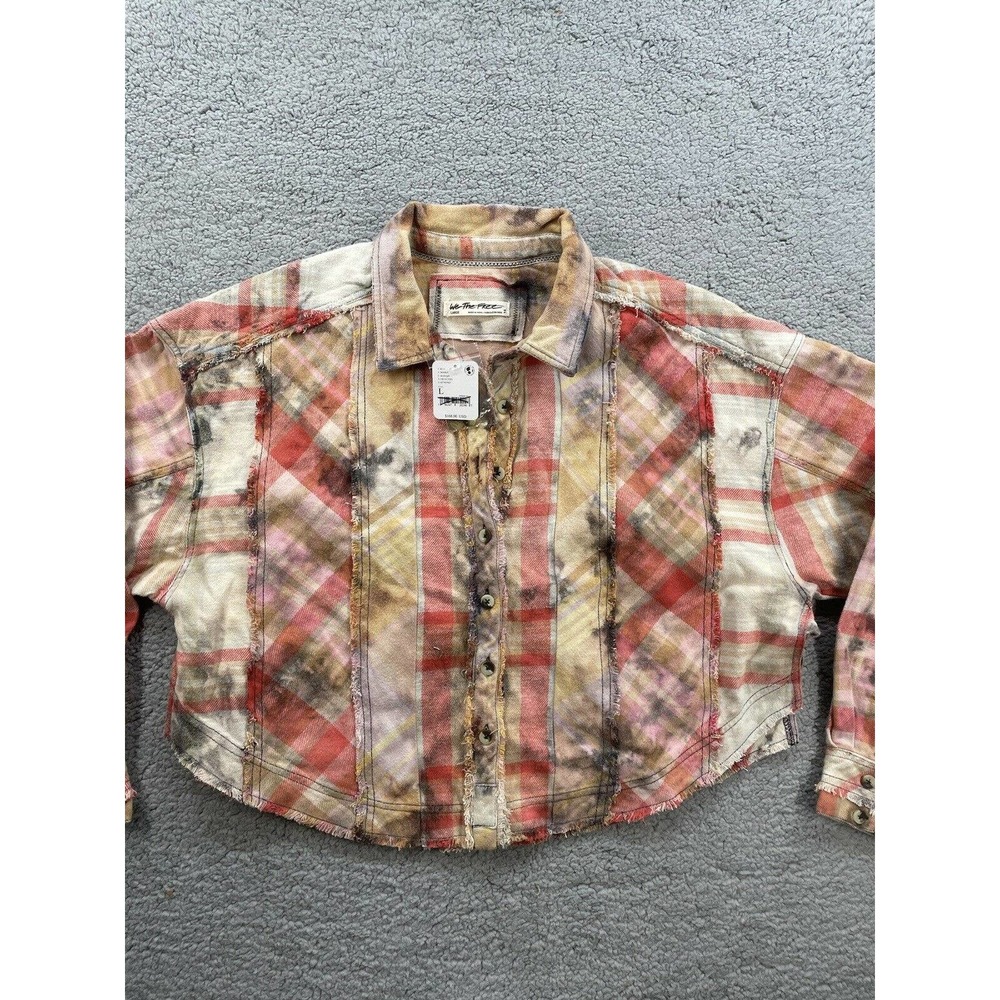 Free People Forever Plaid Shirt Boxy Raw Hem Distressed Button Down Shirt Large - Picture 3 of 11